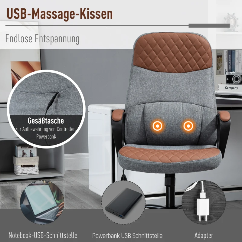 Vinsetto Bürostuhl Massage höhenverstellbarer Chefsessel Gamingstuhl mit Massagefunktion ergonomischer Drehstuhl Massage Sessel PU-Leder Stahl Grau+Braun 60 x 70 x 109-119 cm