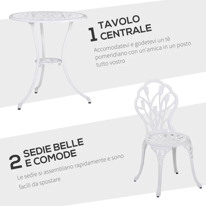 Outsunny Set da Giardino 3 Pezzi in Alluminio con 2 Sedie 42.5x47.5x89 cm e Tavolino Rotondo Ø60x67 cm, Bianco
