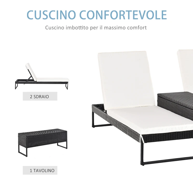 Outsunny 3pz Componibile 2 Lettinio Prendisole da Giardino(60 x 195 x 86cm) e 1 Tavolino (121 x 40 x 50cm) Rattan con Materassini, Nero e Bianco Crema