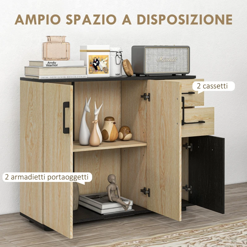 HOMCOM Credenza Moderna con 2 Armadietti e 2 Cassetti in Legno, 90x30x75.5cm, Noce e Nero