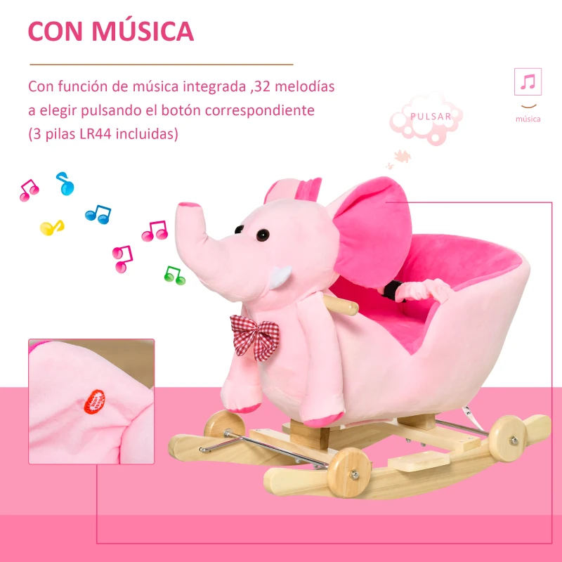 HOMCOM Caballito Balancín con Ruedas Forma de Elefante Caballo Balancín para Bebés de +18 Meses con Músicas 60x35x45 cm Rosa