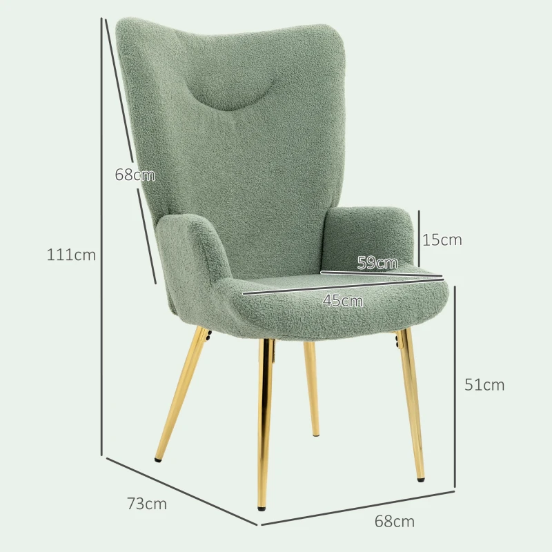 HOMCOM Sedia per Soggiorno con Schienale Alto in Acciaio e Tessuto Effetto Sherpa, 73x68x111 cm, Verde e Oro