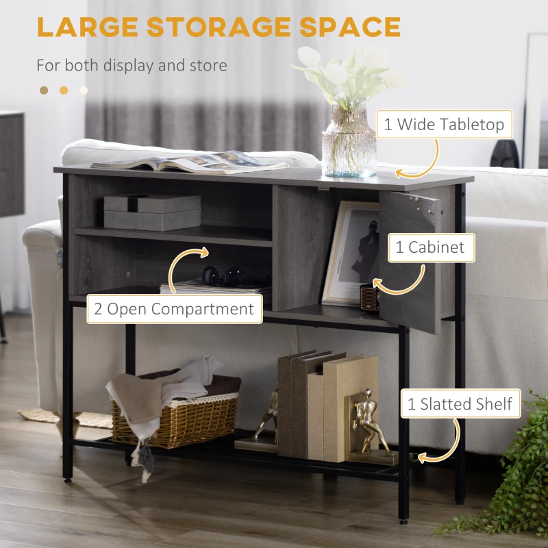HOMCOM Industrial Console Table, Narrow Hallway Table with Cabinet, Open Compartments and Slatted Shelf for Entryway, Grey