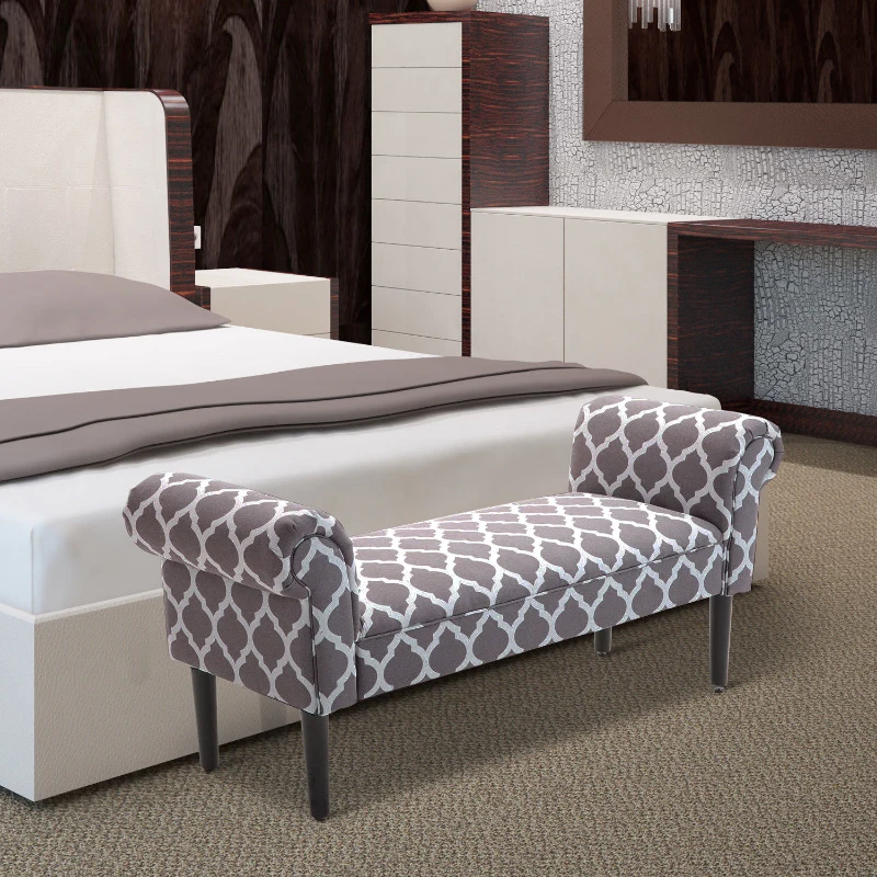 HOMCOM Banco Pie de Cama Banqueta para Dormitorio con Brazos Tapizada y Patas de Madera para Recibidor Salón 132x45,5x58 cm Gris Estampado