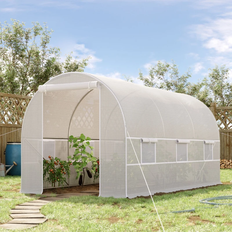 Outsunny Invernadero de Túnel 400x200x200 cm Invernadero de Jardín con Puerta Enrollable y 6 Ventanas PE 140 g/m² Anti-UV Blanco(m-2)