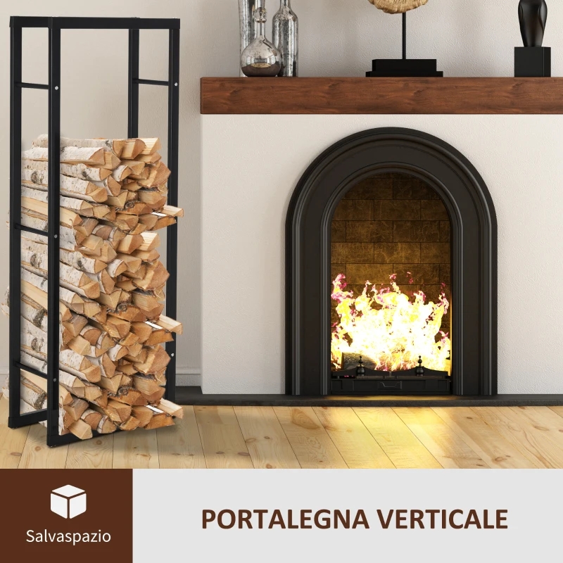 HOMCOM Porta Legna Verticale in Metallo Nero da Interni ed Esterni con Portata 100 kg max, 60x25x150 cm