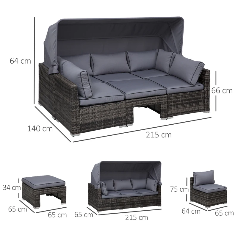 Outsunny Rattan Lounge Set, Sitzgruppe mit Sonnendach, Garten Loungegruppe, inkl. Kissen und Beistelltisch, Metall, Grau, 215 x 75 x 64 cm