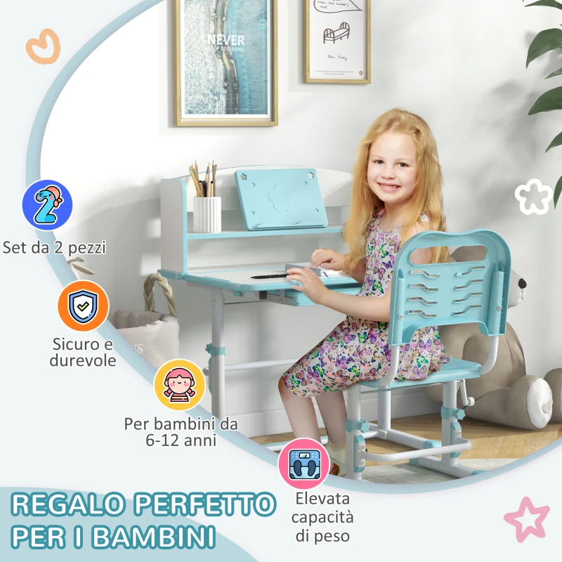 ZONEKIZ Set Scrivania per Bambini con Sedia Regolabile in Altezza e Piano Inclinabile, Età 6-12 Anni, Blu