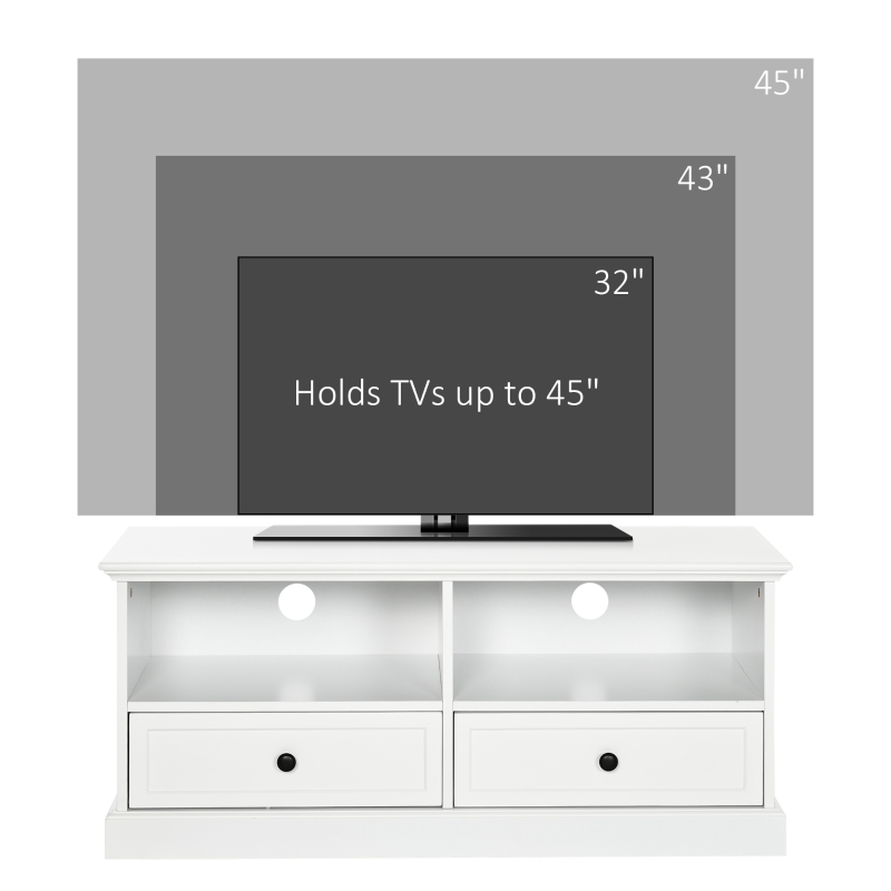 HOMCOM Modern TV Unit Cabinet for TVs up to 45 Inches, TV Stand with Drawers, Open Shelves, Cable Holes for Living Room, White