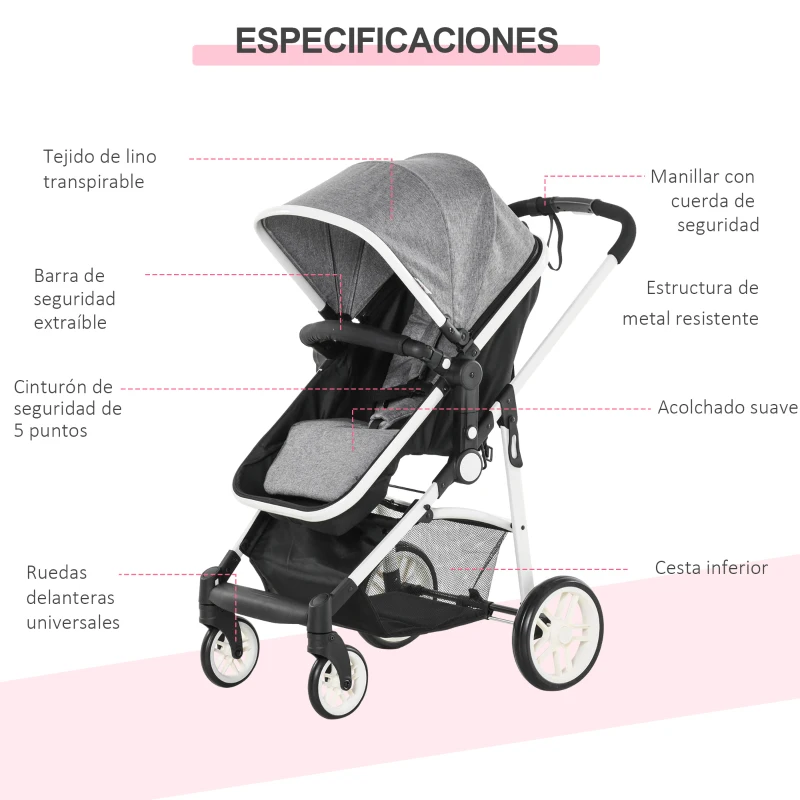 HOMCOM Silla de Paseo 2 en 1 Cochecito de Bebé y Capazo para Niños de 0-36 Meses con Capota Plegable Respaldo Reclinable Cesta Grande Palanca de Freno Carga 15kg 80x51x102 cm Gris