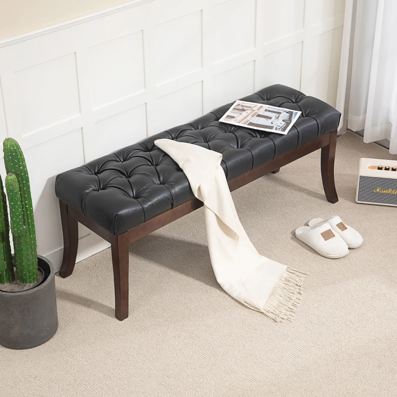 HOMCOM Panca Fondo Letto Imbottita con Design a Bottoni e Gambe Ricurve, in Pelle PU e Legno, 120x38x46 cm, Nero