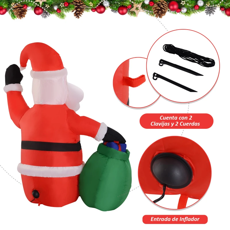 HOMCOM Papa Noel Inflable 70x45x120cm Luces LED + Bolsa Regalo Decoracion Navidad Santa