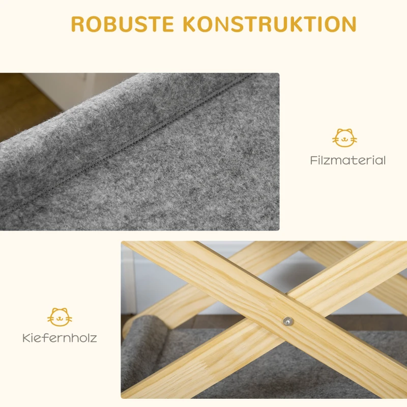 PawHut Katzenbett mit Gestell 2 Ebenen Haustierbett Ballspielzeug faltbar Hundebett Indoor Kiefernholz Natur+Grau 52 x 42 x 33,5 cm