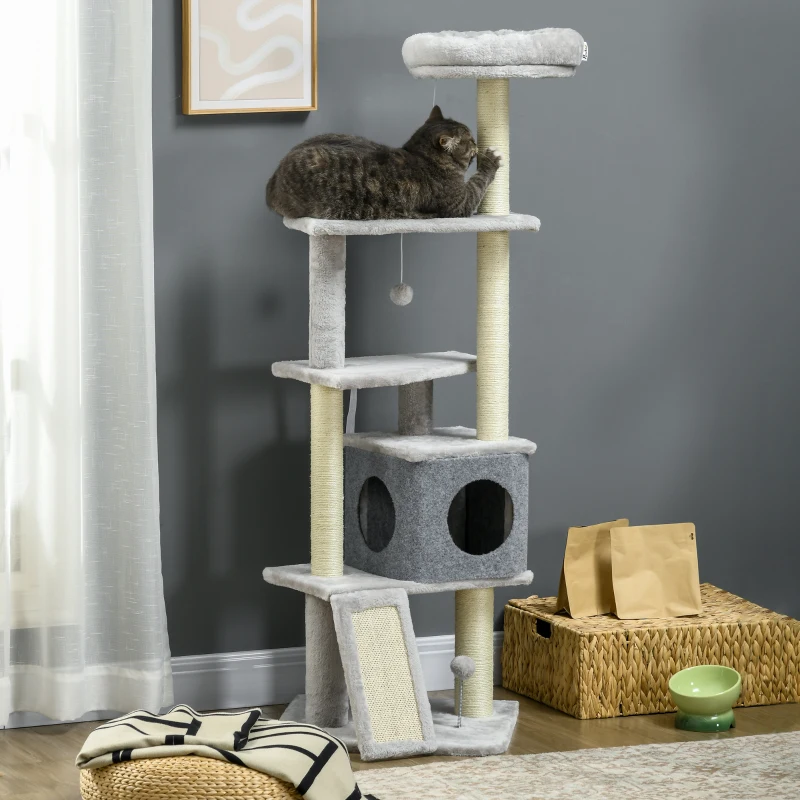 PawHut Arbre à chat arbre à grimper pour chat multi-équipements griffoirs 4 plate-formes 1 niche 1 panier hauteur 146 cm gris