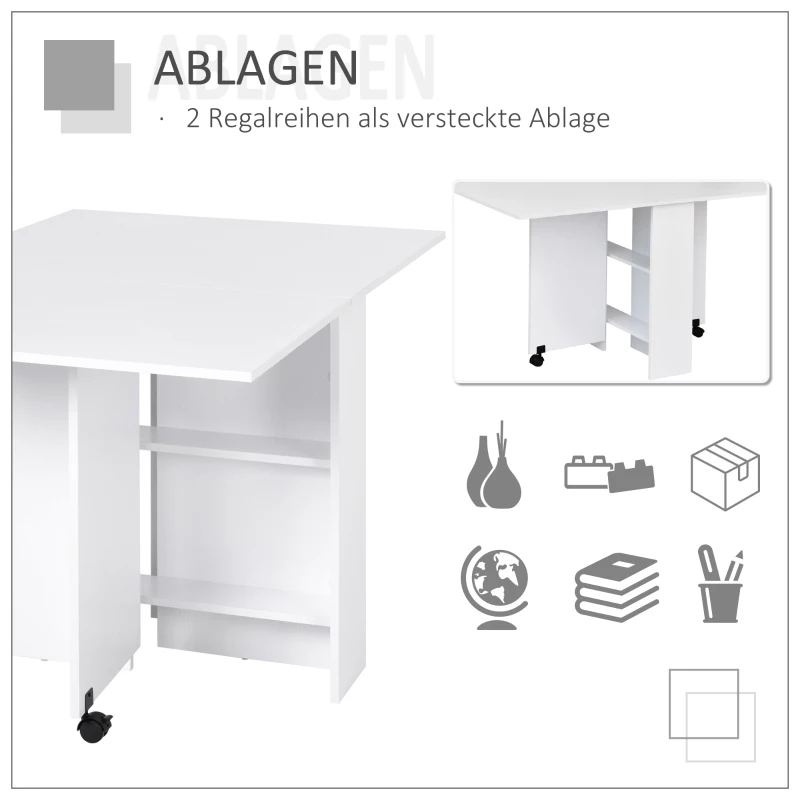 HOMCOM Esstisch, Klapptisch mit Rollen, Schreibtisch, Beistelltisch, Tisch mit Ablagefläche für Esszimmer, Holz, Weiß, 80 x 140 x 74 cm