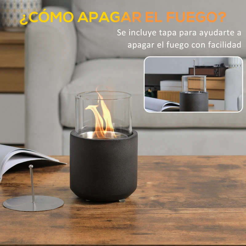 HOMCOM Chimenea Bioetanol Sobremesa Capacidad de 0,4L Combustión de 2,5h para Interior y Exterior 12x12x19cm Gris Oscuro