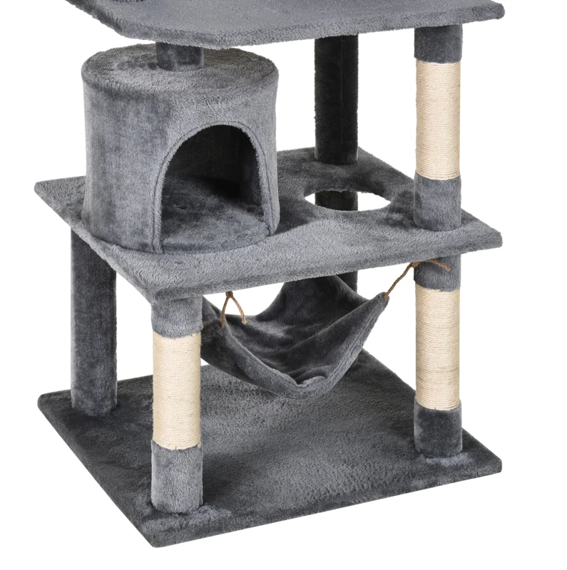 PawHut Arbre à chats multi-équipements griffoirs grattoirs plateformes niches hamac paniers jouets suspendus dim. 60L x 50l x 145H cm gris foncé