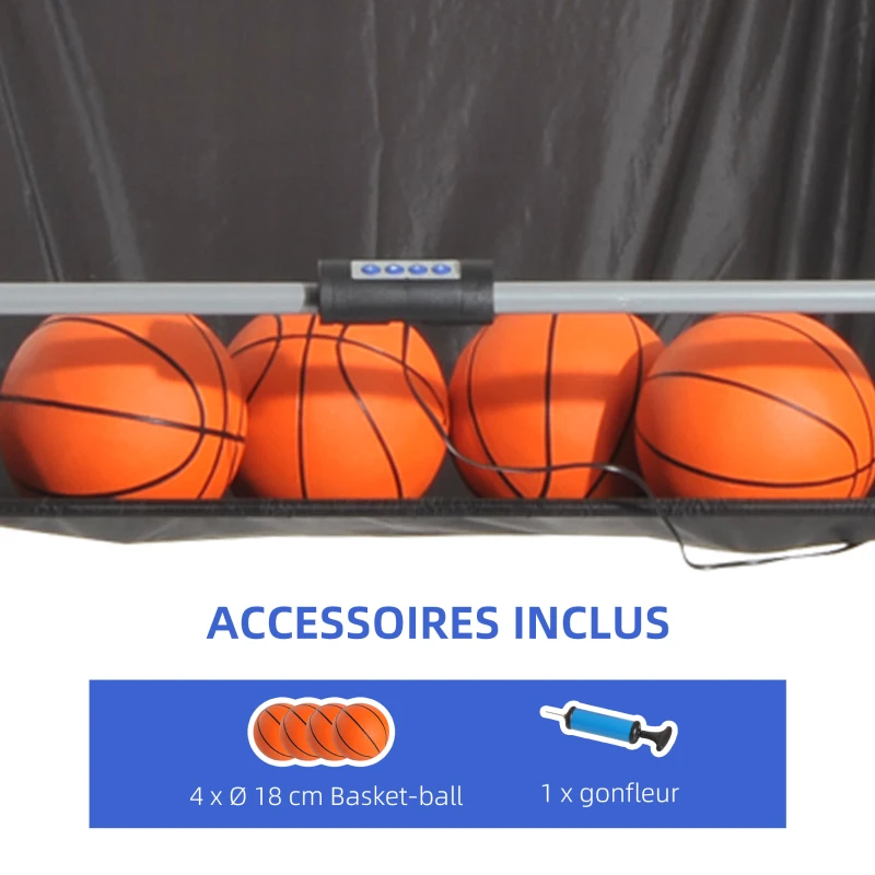 HOMCOM Jeu de basketball arcade pliable à 2 panier 4 balles pompe de gonflage, panier de basketball avec système de pointage, 4 bouton fonctionnement et 8 modes de jeux, 205x110x205cm, noir et blanc