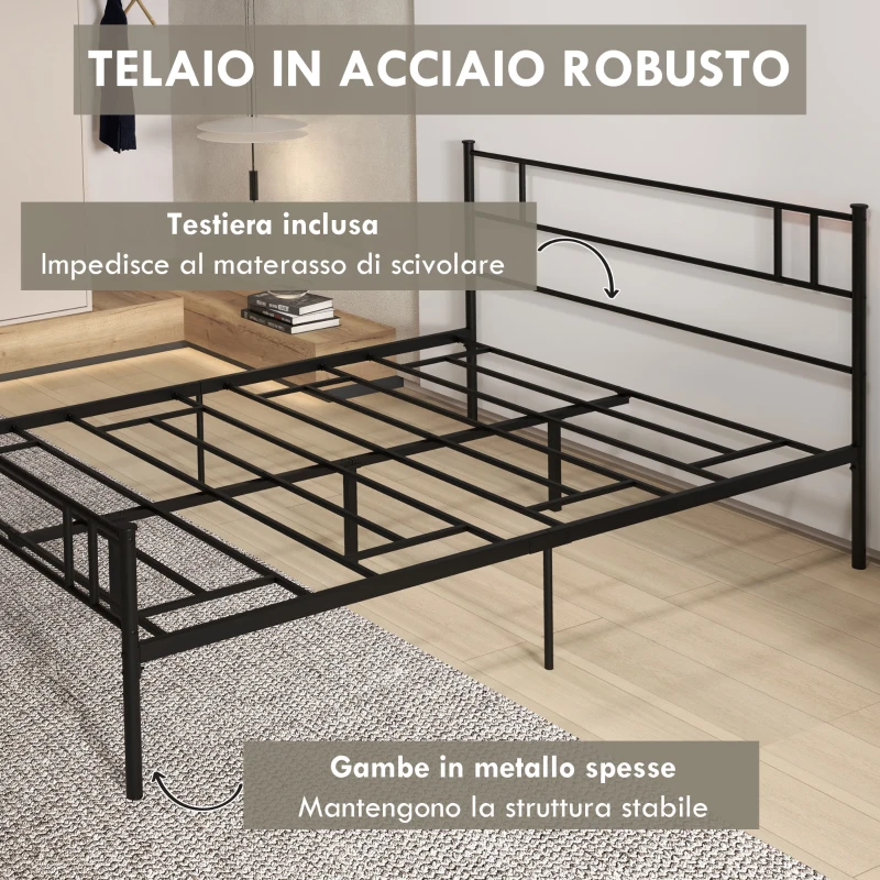 HOMCOM Struttura Letto Una Piazza e Mezza in Acciaio 140x200cm con Doghe, Testiera e Pediera