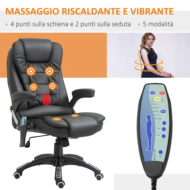 HOMCOM Poltrona Massaggiante da Ufficio ad Altezza Regolabile con 6 Punti Massaggianti, in PU, 68x72x108-118, Nera