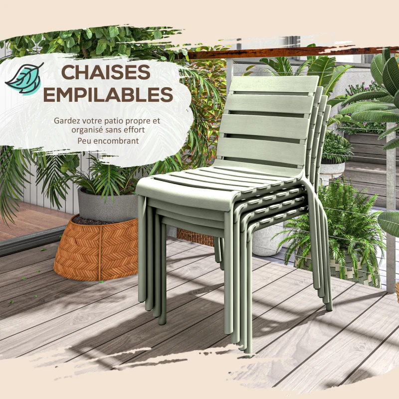 Outsunny Lot de 4 chaises de jardin chaises de bistro empilables avec assise et dossier à lattes dim. 42L x 54l x 78H cm vert