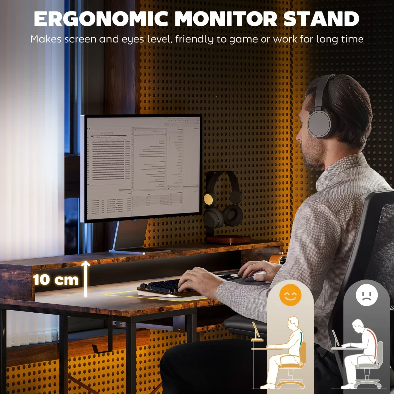 HOMCOM Computer Desk with LED Lights and Power Outlets, 120 x 55 cm Gaming Desk with Monitor Stand, Sliding Keyboard Tray and Storage Shelves for Home Office, Rustic Brown