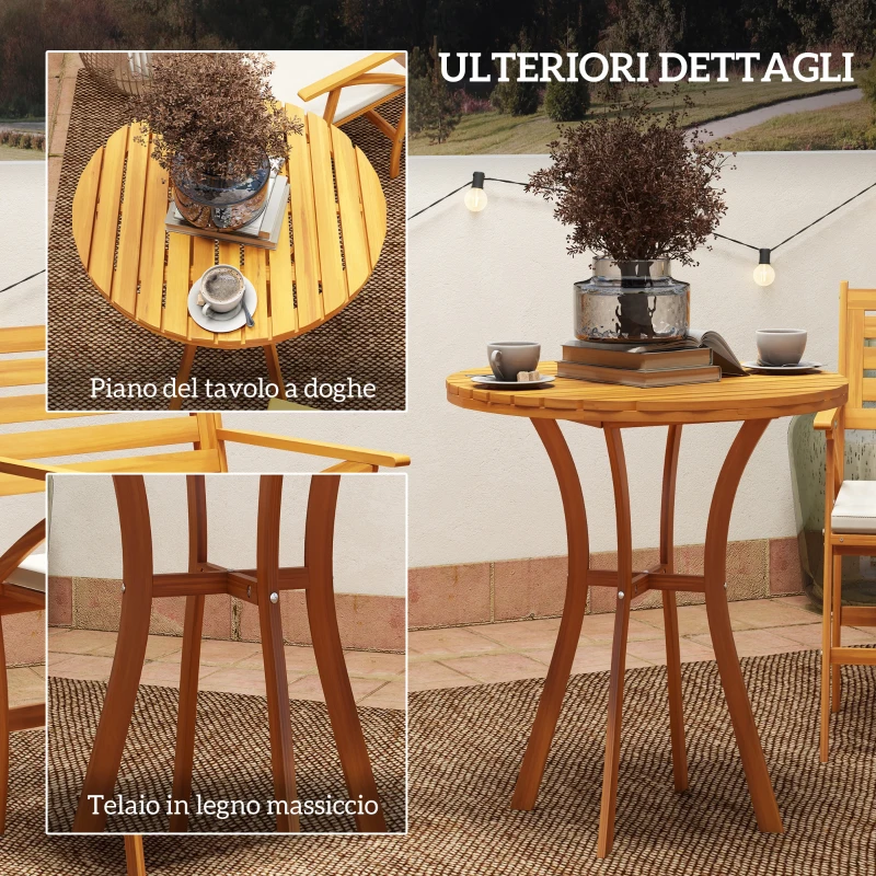 Outsunny Set da Giardino 3 Pezzi in Legno di Pino con Tavolo Rotondo Ø68x78 cm e 2 Sedie 55x52x87.5 cm con Cuscini
