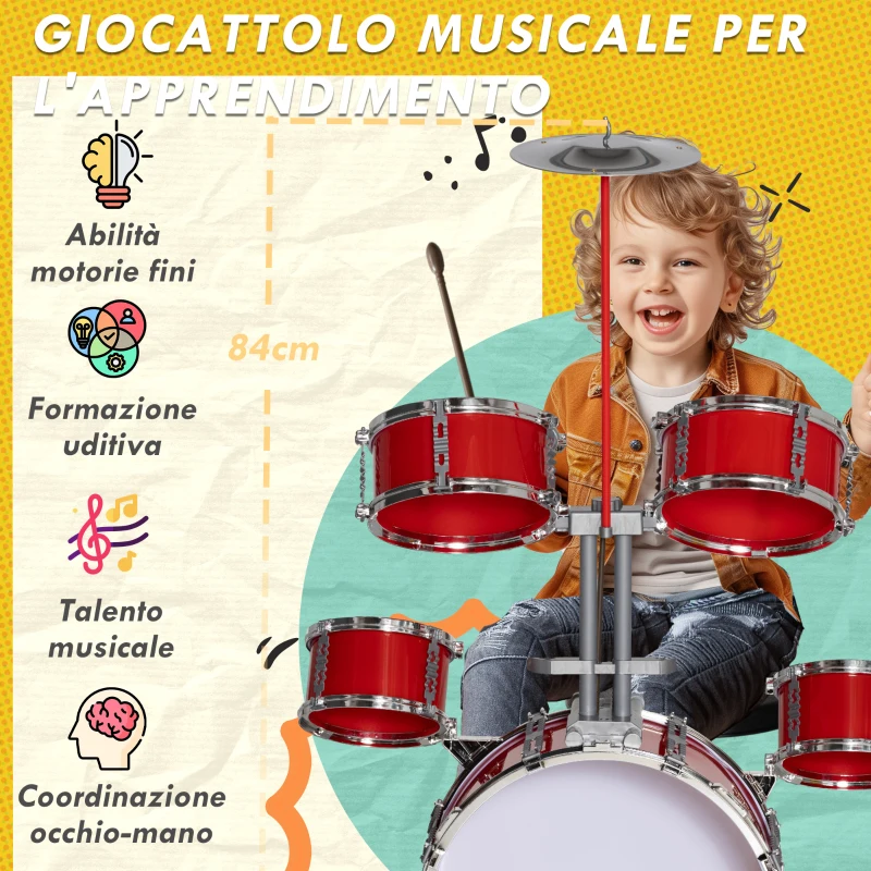 AIYAPLAY Set Batteria per Bambini da 5 Pezzi con Grancassa con Pedale, Tamburi, Piatto e Sgabello, Età 3-6 Anni, Rosso
