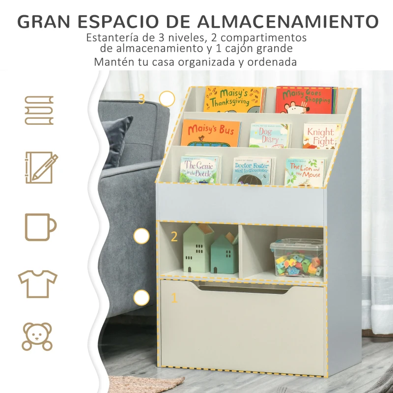 HOMCOM Estantería Infantil de Madera con 3 Compartimentos 2 Cubos y Cajón Móvil con 4 Ruedas 60x29,9x90 cm Gris