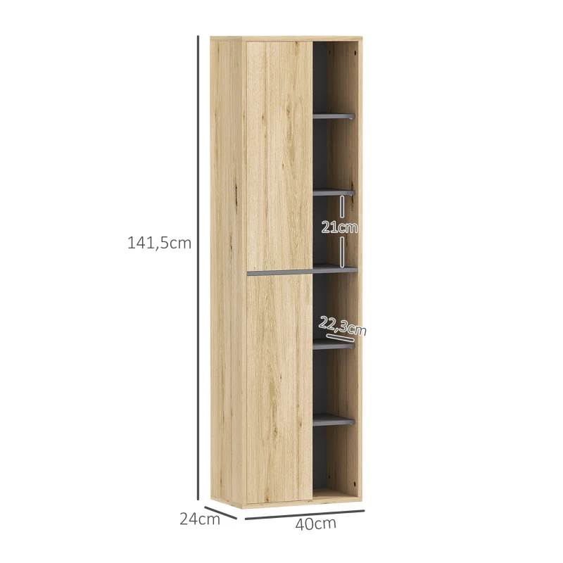 HOMCOM Columna de Baño de Pared Armario de Baño con Compartimentos Abiertos y 2 Puertas 40x24x141,5 cm Natural