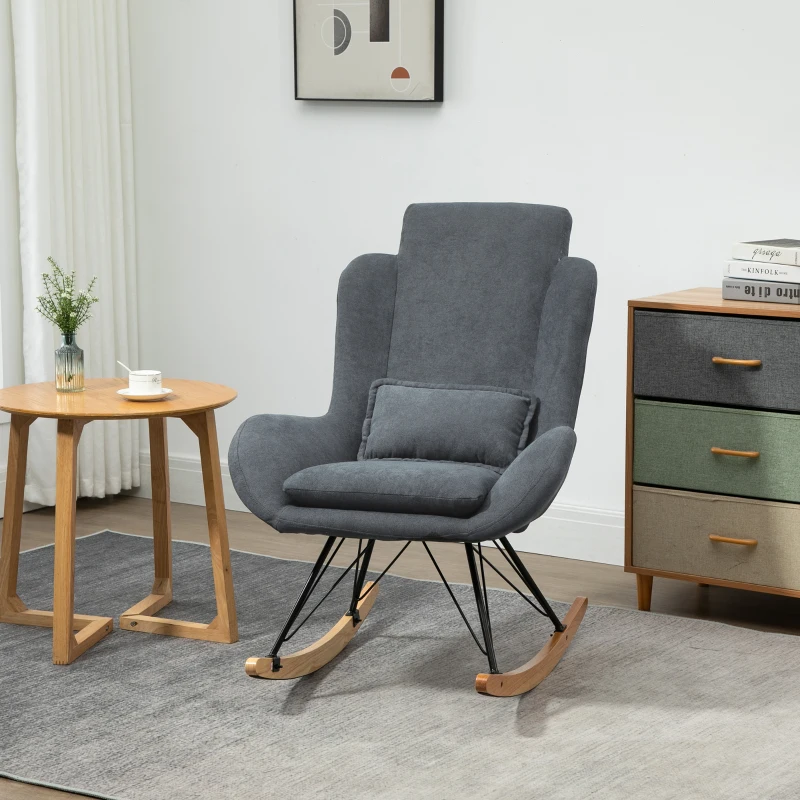 HOMCOM Fauteuil à Bascule Oreilles Rocking Chair Grand Confort accoudoirs Assise Dossier garnissage Mousse Haute densité Lin Gris