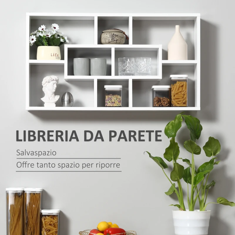 HOMCOM Pensile Libreria da Parete Sospesa 8 Vani in 3 Diverse Dimensioni, Mensola da Muro Design Antiribaltamento Pannelli di Truciolare Bianco 85x14.5x47.5cm Capacità: 20kg