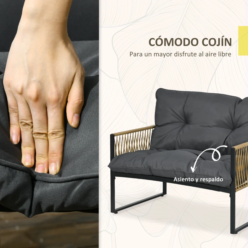 Outsunny Juego de 4 Piezas Muebles de Terraza con 1 Sofá de 2 Plazas 2 Sillones y 1 Mesa de Centro con Encimera de Cristal Gris