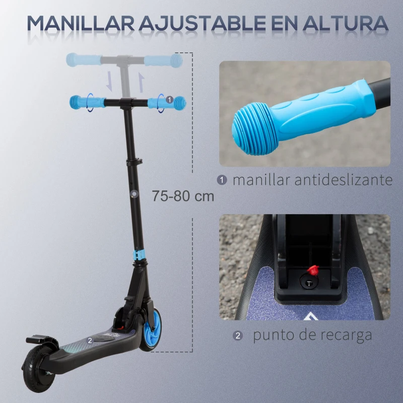 HOMCOM Patinete Eléctrico para Niños de +6 Años Scooter Eléctrico Plegable Altura Ajustable Batería 24V 71x36,5x75-80 cm Azul