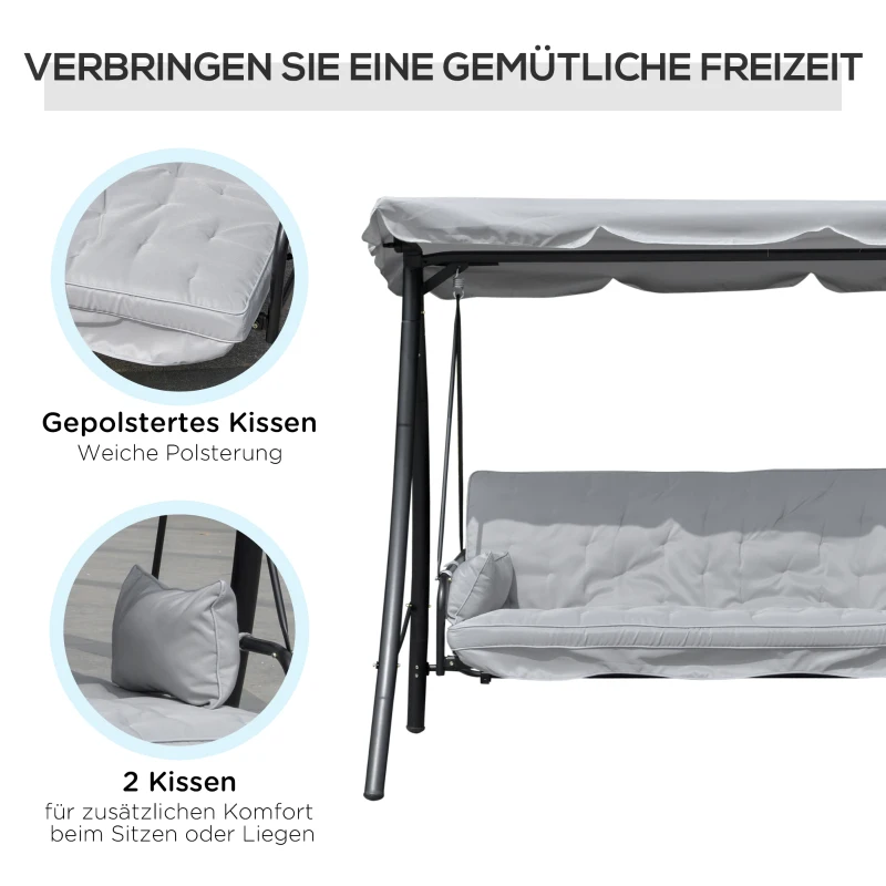 Outsunny Hollywoodschaukel Gartenschaukel Schaukel Schaukelbank mit Liege-Funktion, 3 Sitzer, Metall+Polyester, Grau, 209 x 114 x 170 cm