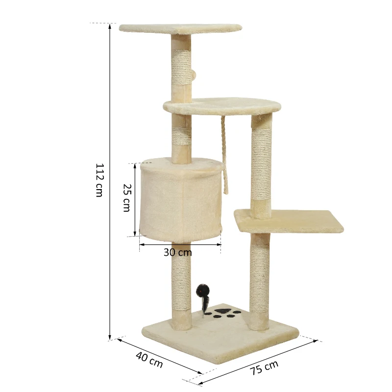 PawHut Katzenbaum, Kratzbaum mit Sisalsäulen, Katzenkratzbaum, Katzen Kletterbaum mit Höhle, Spielbälle, Beige, 75L x 40B x 112H cm