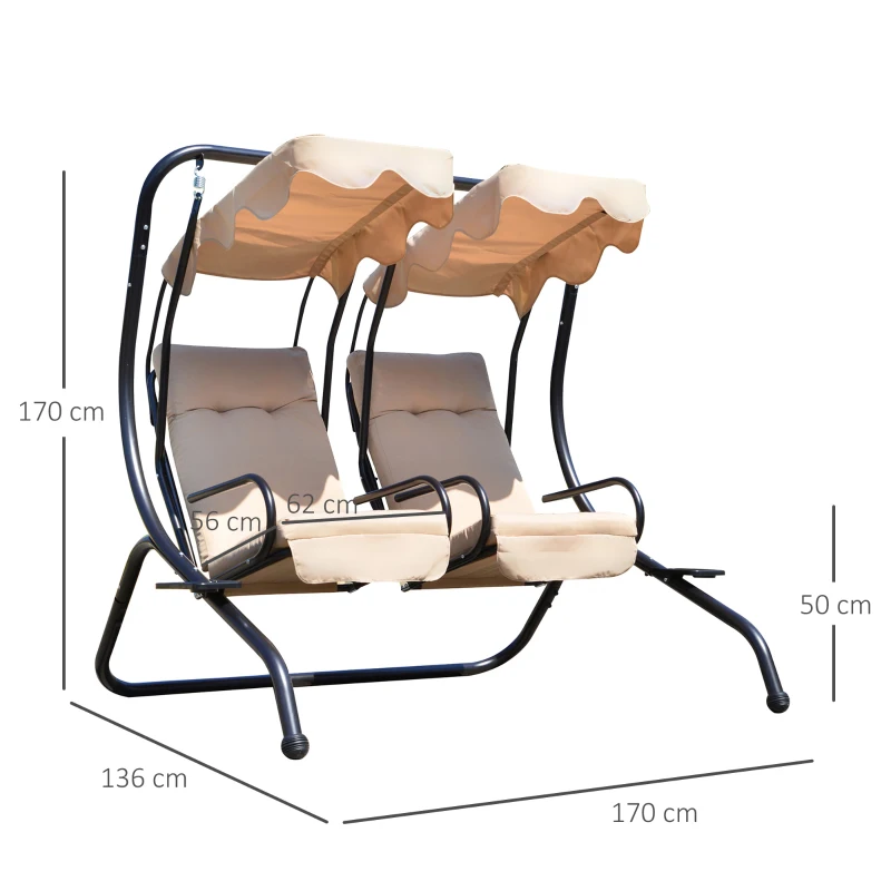 Outsunny Columpio de Jardín de 2 Plazas con Asientos Individuales Cojines Toldos Extraíbles y Mesas Laterales 170x136x170cm Beige