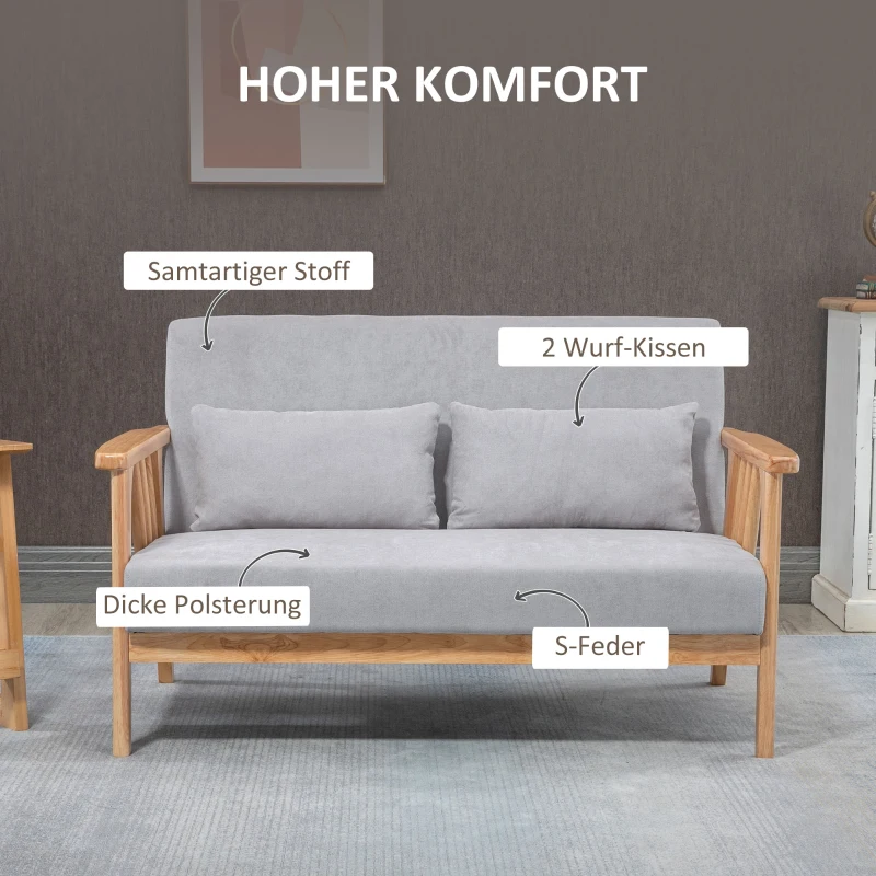 HOMCOM Sofa Relaxsofa 2-Sitzersofa, inkl. 2 Kissen, Samtoptik, Kautschukholz,  130 cm x 75 cm x 78 cm, Grau + Natur