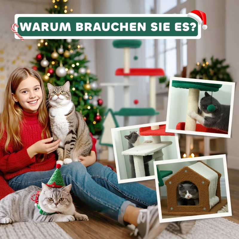 PawHut 135 cm Katzenkratzbaum in Weihnachtsfarben mit Katzenbett, Katzenhaus, Kratzpfosten, Sprungplattformen, Spielzeugbällen