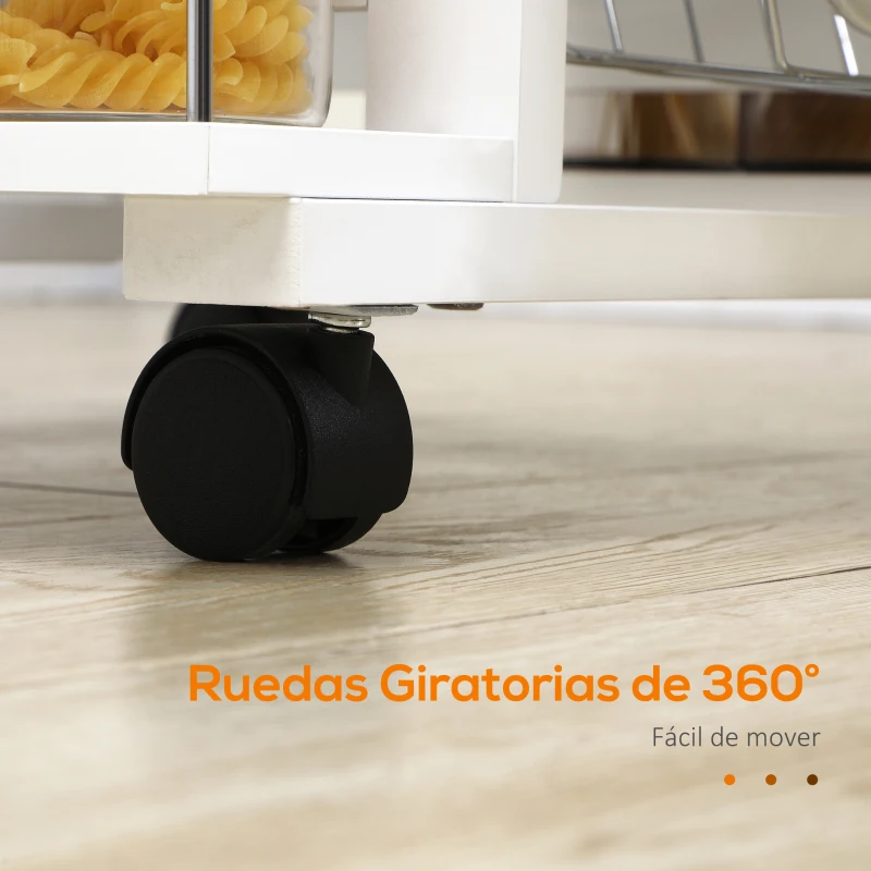 HOMCOM Carrito de Cocina con Ruedas Carrito Verdulero con Cajón Cestas y Estantes Laterales 57x37x83cm Blanco