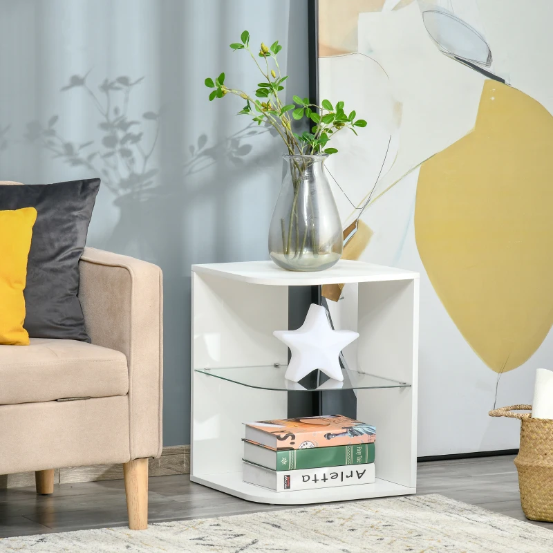 HOMCOM Beistelltisch 3-Schicht moderner Nachttisch mit 2 Ablagefächern geeignet für Wohnzimmer Schlafzimmer Material aus Spanplatte gehärtetem Glas Weiß 40 x 40 x 56 cm