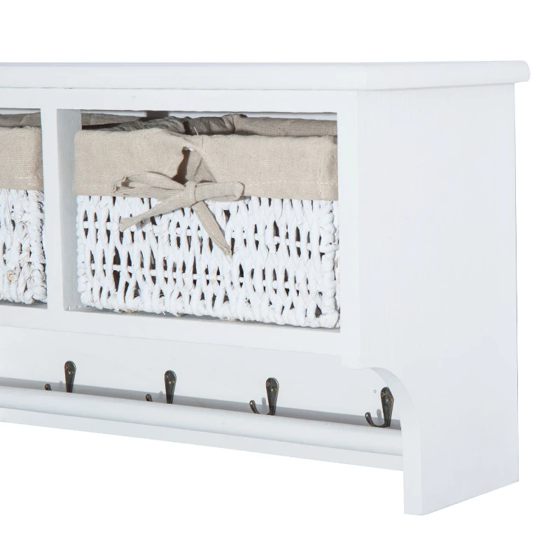 HOMCOM Entryway Coat Rack Wall Mounted Shelf w/ 2 Corn Husk Baskets and Hooks, White