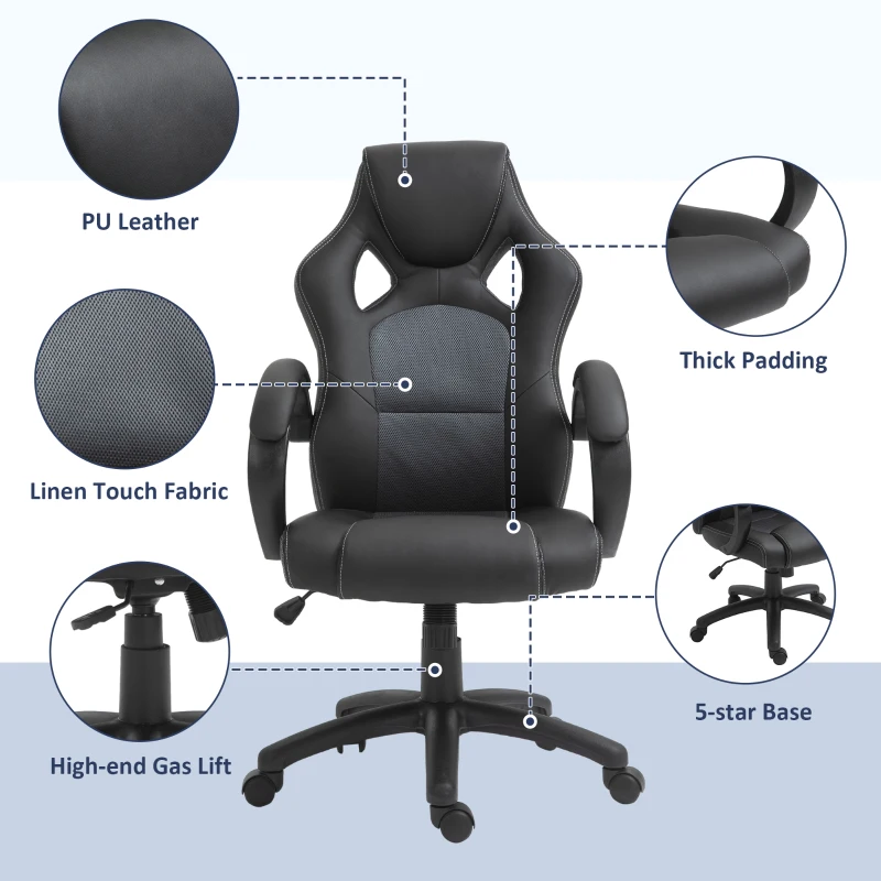 Vinsetto Office Chair Faux Leather Swivel Computer Desk Chair for Home Office with Wheels Armrests Black