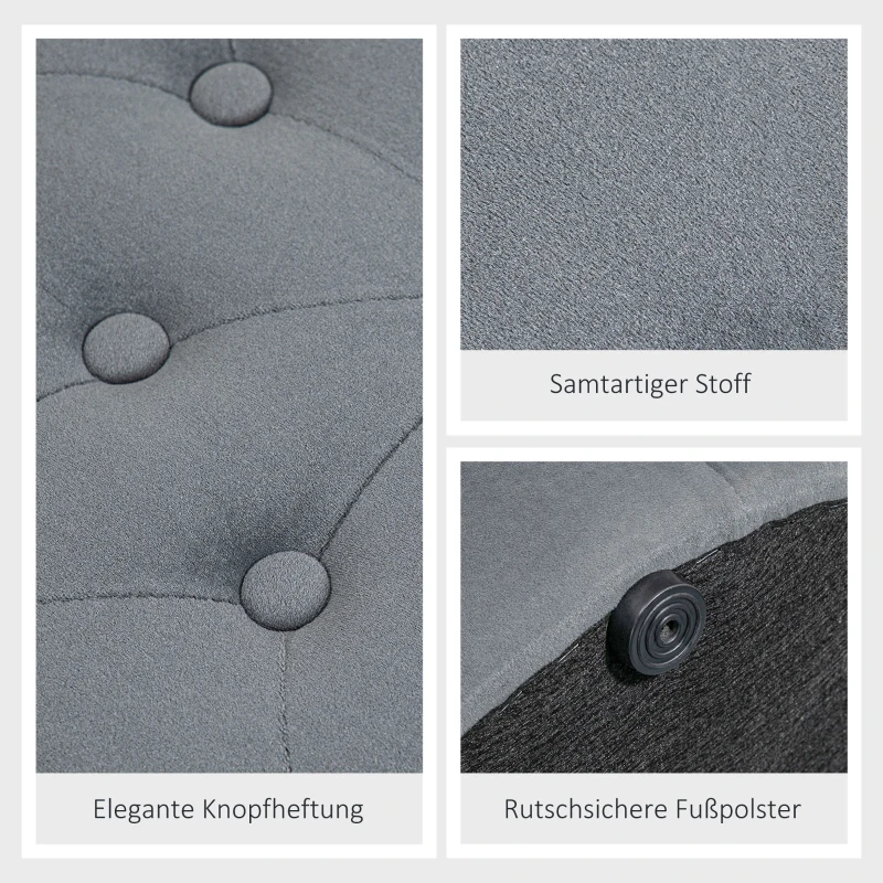 HOMCOM Hocker, rund, mit Staufach, Steppdesign mit Knöpfen, Bezug in Samtoptik, grau, 60 x 60 x 40cm