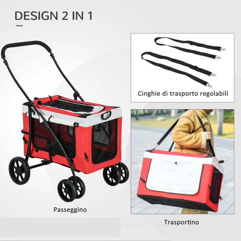 PawHut Passeggino per Cani Taglia Piccola e Mini con 2 Guinzagli e Custodia Portaoggetti, 81x58x97.5 cm