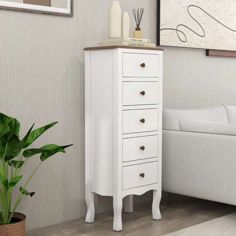 HOMCOM Chiffonnier 5 tiroirs, Meuble de rangement compact blanc avec poignée bouton effet laiton