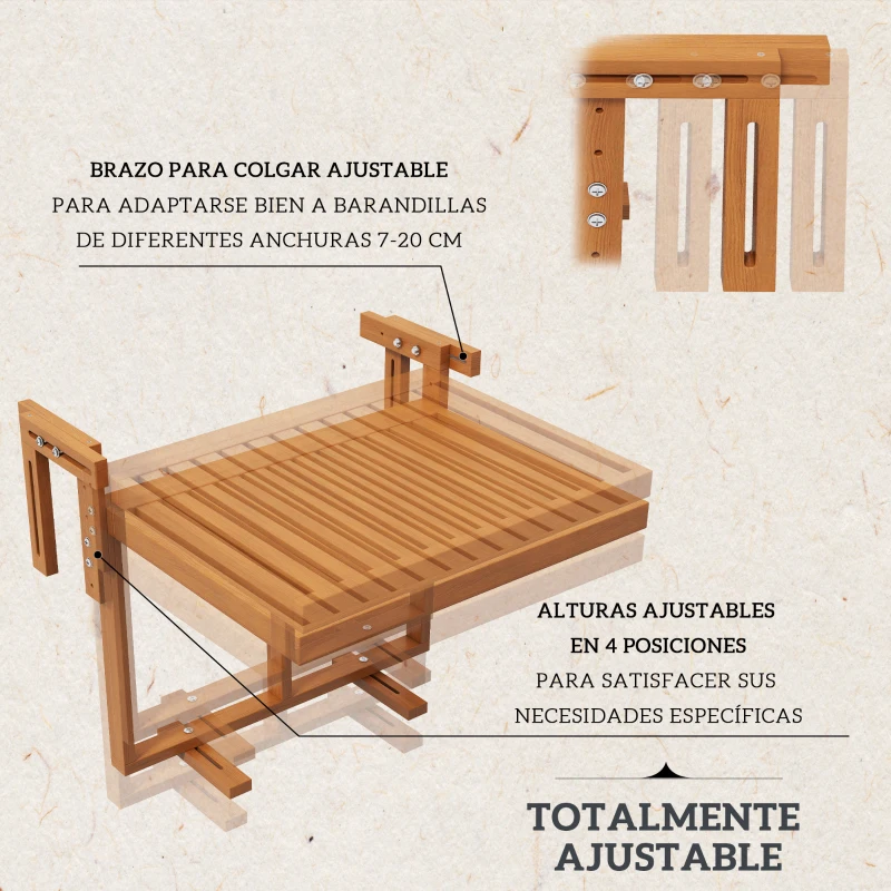 Outsunny Mesa Colgante para Balcón Plegable de Madera con Altura Ajustable en 4 Niveles Carga 20 kg 68x65x40,5-55 cm Natural