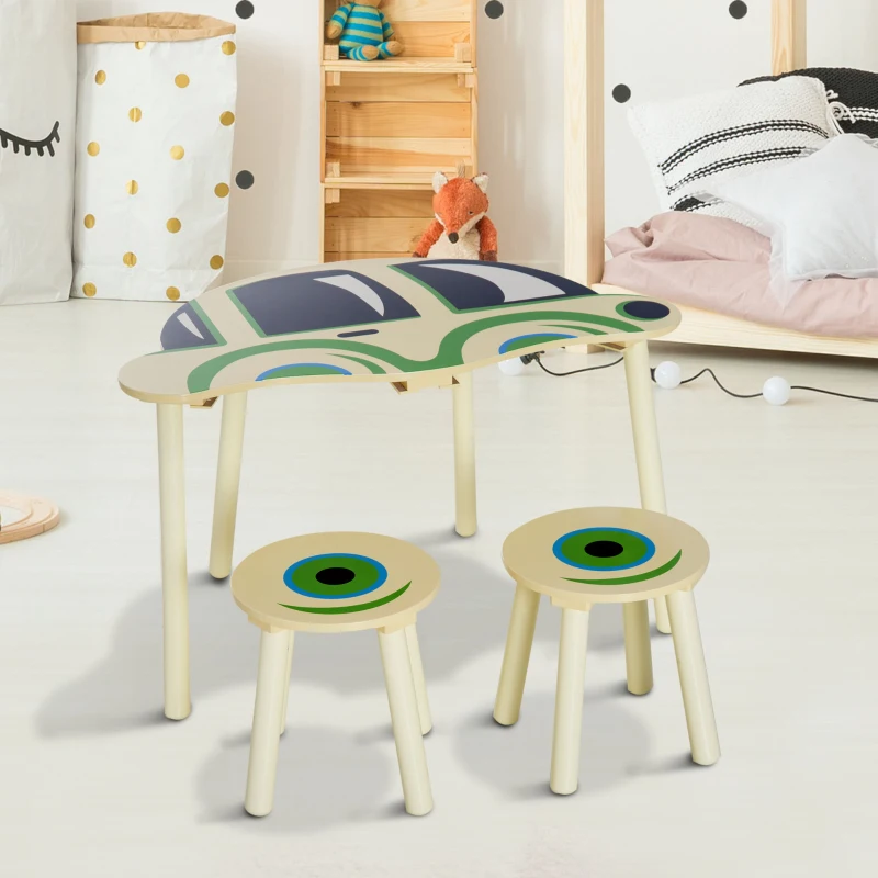 HOMCOM Ensemble table et chaises enfants design voiture MDF bois de pin beige vert