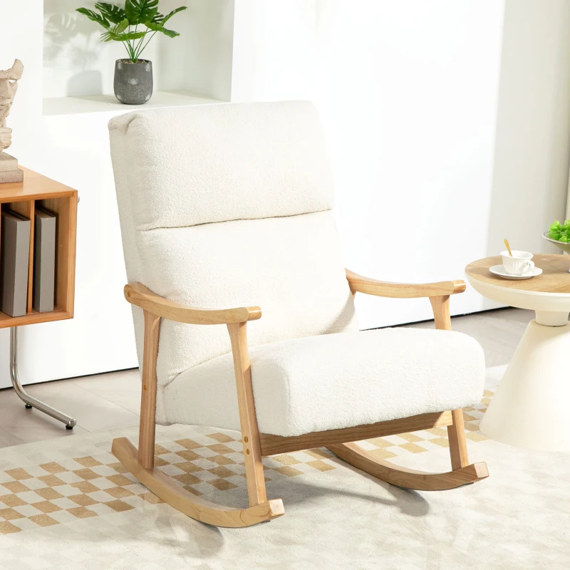 HOMCOM Silla Mecedora de Borreguito con Patas y Reposabrazos de Madera de Haya Mecedora para Lactancia Carga 120 kg Crema(m-2)