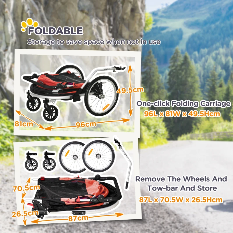 PawHut Dog Bike Trailer 2-in-1 Pet Stroller for Large Dogs Cart Foldable Bicycle Carrier Aluminium Frame with Safety Leash Hitch Coupler Reflector Flag Red